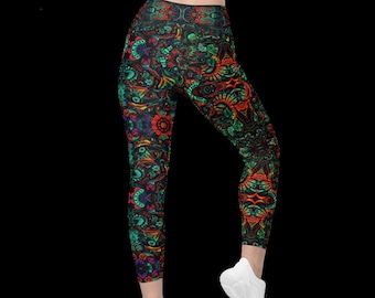 Leggings, Workout Leggings, Psychedelische Botanicals Hose, Umweltfreundlich, Festival Hose, Psytrance Musikfestival Rave