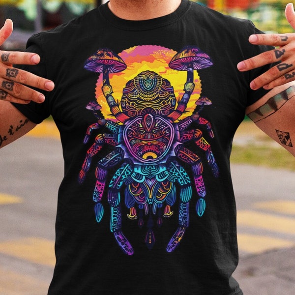 T-shirt psychédélique | Guide des animaux de la tarentule aux champignons | Coucher de soleil mandala | T-shirt Psytrance respectueux de l'environnement | t-shirt Trippy | Festival de mode