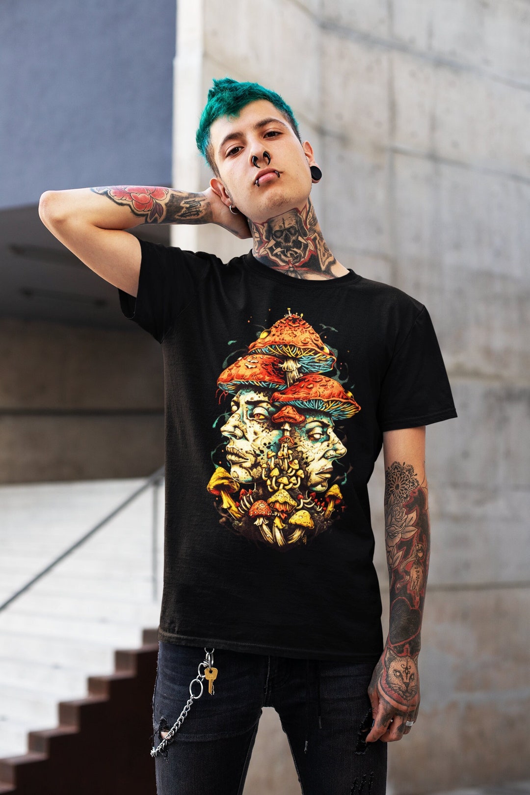 Psychedelic T-shirt Mushroom Faces Magic Shaman Eco Friendly Psytrance ...