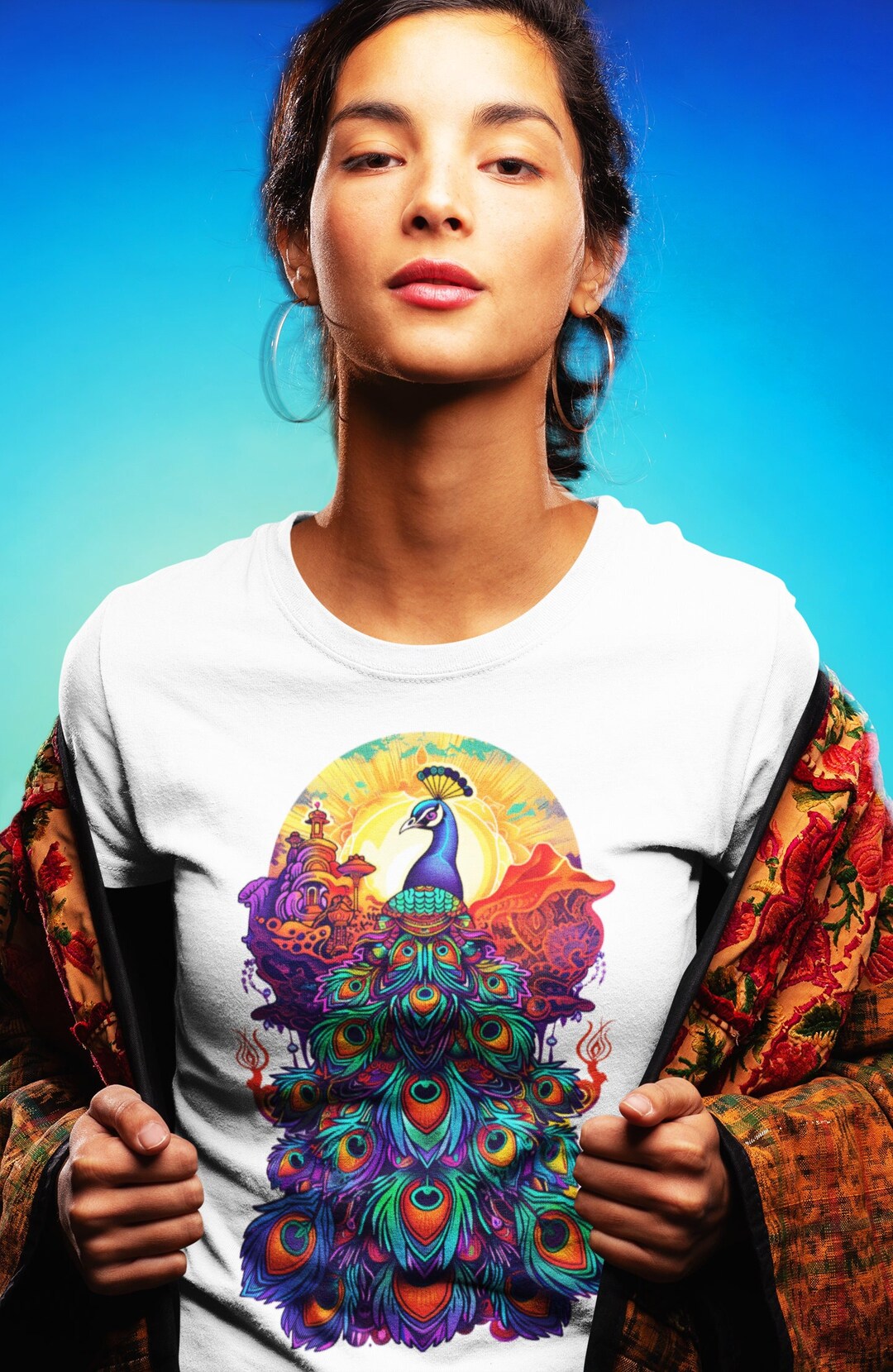 Psychedelic T-shirt Peacock Animal Guide Sunset Eco Friendly Psytrance ...