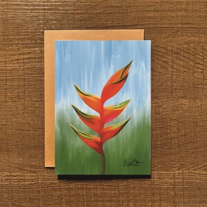 Tarjeta de felicitación Heliconia, pintada a mano, 100 % reciclada, ecológica.