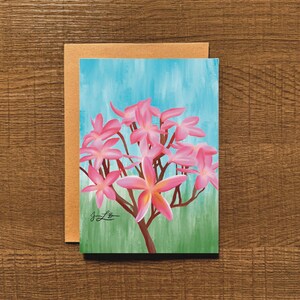 Tarjetas de felicitación 100 % recicladas y pintadas a mano con la pintura "Plumeria rosa"