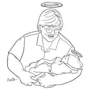 Puede incluir: Ilustración en blanco y negro de una persona sosteniendo a un bebé, ambos con halos. La persona lleva gafas y una camisa abotonada. El bebé está envuelto en una manta.