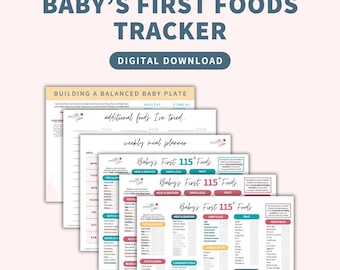 Puede incluir: Una descarga digital titulada Baby's First Foods Tracker creada por dietistas. El conjunto incluye varias páginas imprimibles con un planificador de comidas semanal, una guía de plato equilibrado y listas para 115+ alimentos.
