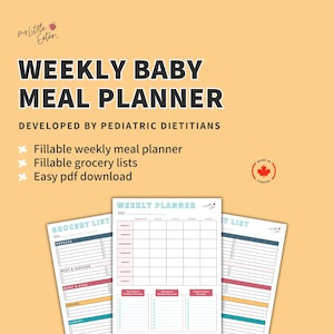 Op de afbeelding: Een wekelijkse babymaaltijdplanner met invulbare secties voor maaltijdplanning en boodschappenlijstjes. Het ontwerp bevat de tekst "WEEKLY BABY MEAL PLANNER" en "DEVELOPED BY PEDIATRIC DIETITIANS". De afbeelding bevat ook tekst.