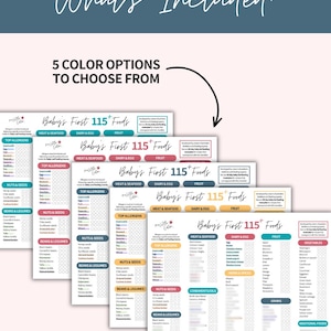 Babys first 115 plus first foods checklist created by pediatric dietitians and feeding experts available in multiple color options including yellow, light blue, pink, navy and multicoloured