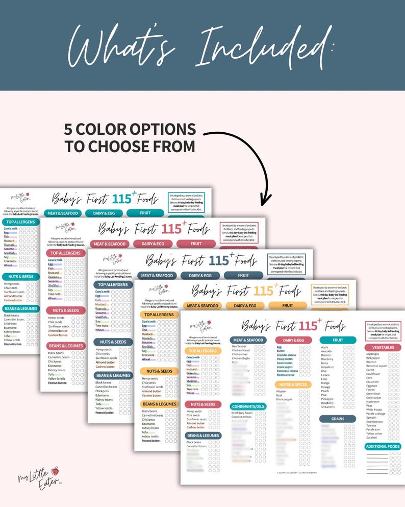 Babys first 115 plus first foods checklist created by pediatric dietitians and feeding experts available in multiple color options including yellow, light blue, pink, navy and multicoloured