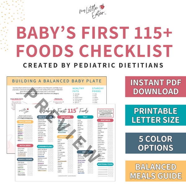 Babys erste Checkliste für über 115 Lebensmittel | Druckbarer Food Tracker | PDF-Download | Erstellt von pädiatrischen Ernährungsberatern | Mein kleiner Esser