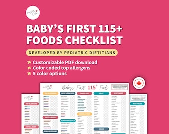 Suivi des aliments pour bébés, liste de contrôle pour les aliments solides de sevrage et de démarrage du bébé (téléchargement PDF numérique)