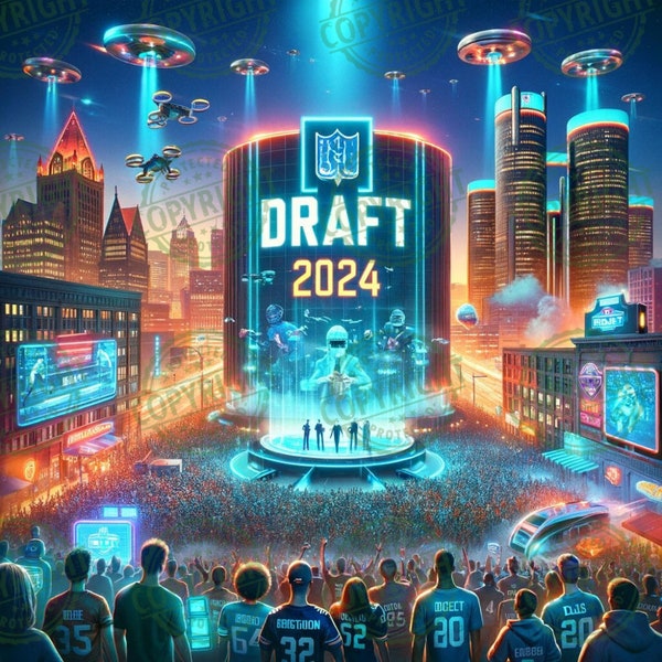 2024 Detroit Football Draft Celebration Art - Futuristic Cityscape Illustration