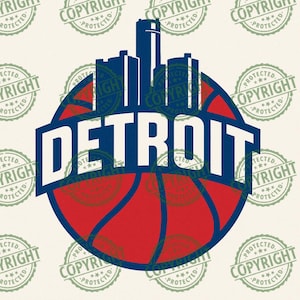 Könnte beinhalten: Ein Grafikdesign mit dem Wort "DETROIT" in fetten weißen Buchstaben, vor einem roten Basketball. Über dem Text ist eine blaue Skyline-Silhouette zu sehen. Das Design ist mit "COPYRIGHT PROTECTED" Siegeln versehen.