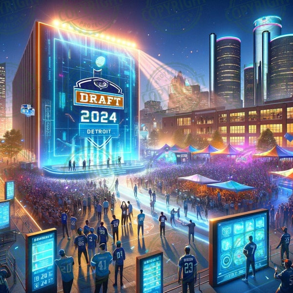 2024 Detroit Football Draft Celebration Art - Futuristic Cityscape Illustration -