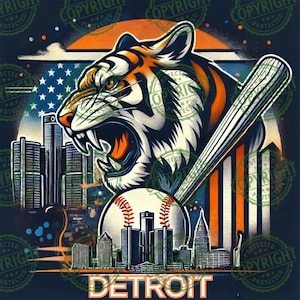 Gráfico inspirado en los Tigres de Detroit con el horizonte del Ren Cen