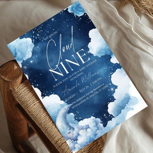 On Cloud Nine Baby Shower Invitation - Instant Download - Editable Printable Baby Boy Shower Card Template - Navy Blue Sky & Moon, 9, Canva