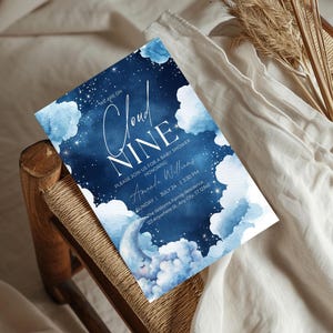 On Cloud Nine Babypartyeinladung - Sofortiger Download - Bearbeitbare druckbare Kartenvorlage - Navy Blue Sky & Moon, Baby Boy Shower -9 Canva