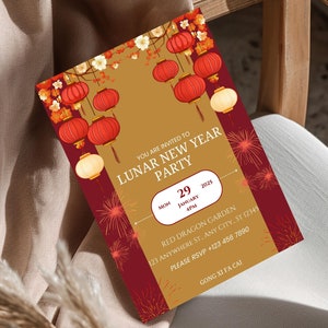Plantilla de invitación para el Año Nuevo chino/Descarga instantánea/Zodíaco de serpiente roja y dorada, decoración festiva para fiesta lunar oriental editable, tarjeta electrónica imprimible