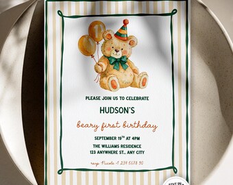 Beary eerste verjaardagsuitnodiging, babyjongen beer uitnodigen, teddybeer thema 1e verjaardag, aardse groene tinten, neutrale uitnodigingssjabloon, bewerkbaar