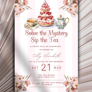 Coquette Mystery Tea Party Invitation Template, Digital Download, Pink Floral Teatime Invite, Elegant Stripes, Editable Printable