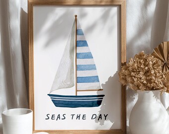 Kustkwekerij Wall Art Print, Seas The Day zeilbootposter, nautische babyboy kamerdecoratie, afdrukbare kunst strandthema | Digitale download