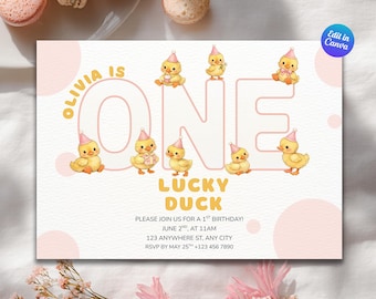 Lucky Duck babymeisje 1e verjaardagsuitnodiging, eerste eend verjaardag, aquarel eenden, schattige gele eendjes, één Lucky Duck | Bewerkbaar canvas