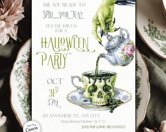 Halloween Tea Party uitnodigen, gemorste thee uitnodigen, Witch Tea Party uitnodiging, Gothic Tea Party uitnodigen, Spooky Tea bewerkbare digitale sjabloon