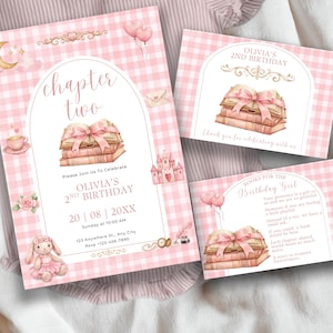 May include: A set of pink and white gingham birthday invitations with a storybook theme. The main invitation reads "Chapter Two" and "Olivia's 2nd Birthday." Additional cards include "Thank you" and "Books for the Birthday Girl" text. Illustrations of books, bows, and a castle.