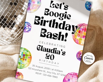 Sjabloon retro disco verjaardagsuitnodiging, groovy neon discobal decor, elke leeftijd, 20e verjaardag uitnodigen, aanpasbaar, afdrukbare Evite