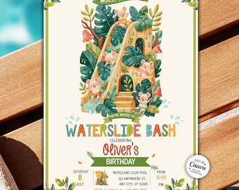 Waterglijbaan verjaardagsuitnodiging, muis verjaardagsuitnodiging, Woodland Pool Party, Mousy on over, elke leeftijd verjaardag, bewerkbare kaartsjabloon