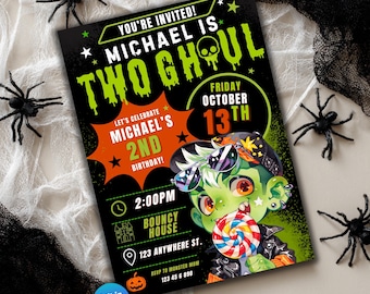 Uitnodiging Two Ghoul, kinderen Halloween verjaardag uitnodigen, 2e verjaardagsfeestje peuter jongen, Frankenstein, Bouncy House Party, Monster Bash