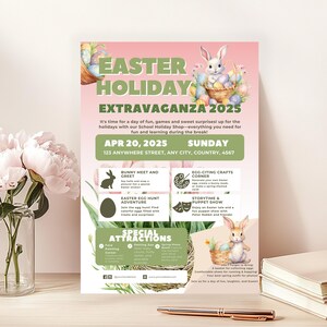 Modèle de programme d'événement de Pâques modifiable - Téléchargement immédiat - Flyer de collecte de fonds imprimable A4 - Invitation à une fête communautaire pour enfants - Canva