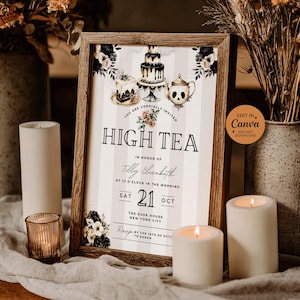 Gothic Victorian invitation template with beige stripes and watercolor skull artwork