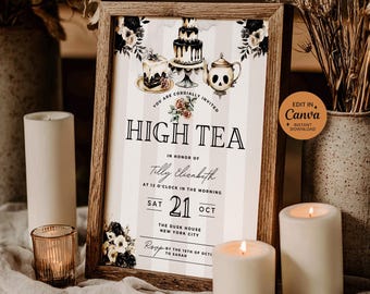 Invitación espeluznante para la hora del té gótica victoriana, invitación elegante para fiesta de Halloween, invitación para fiesta de té gótica, invitación para la hora del té con un toque melancólico, plantilla editable