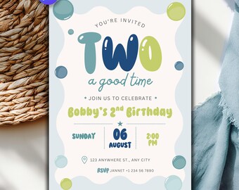 Verjaardagsuitnodiging 2e jongen, thema bubble feest, groenblauwe confetti, twee A Good Time feestuitnodiging, peuterjongen Evite | Bewerkbare sjabloon