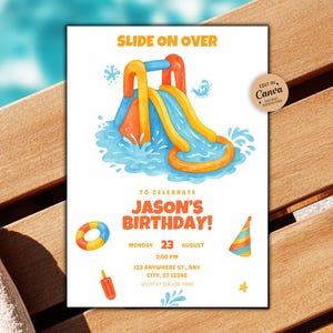 Waterslide Birthday Party Invitation, Summer Pool Party Invite, Splish Splash Party invite, Boy Pool Party Invite, Water Slide Bash | Edit