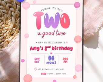Uitnodiging 2e verjaardag meisje, twee A Good Time feestuitnodiging, roze paarse ballonnen, decor peuterverjaardag, kleurrijke bubbels, aanpasbaar