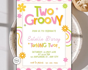 Twee groovy verjaardagsuitnodiging, meisje verjaardag uitnodigen, pastel funky uitnodiging, groovy 2e verjaardag, Boho retro jaren 60 thema kleurrijk hippie decor