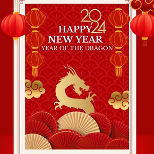 Lunar Neujahrs Karte |DIGITAL DOWNLOAD| Digitales Design| Chinesisches Neujahr Rot und Gold, Jahr des Drachen, bearbeitbare druckbare Vorlage
