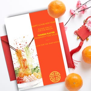 Plantilla de invitación con plato de Yusheng, ensalada de prosperidad con acuarela, diseño digital editable e imprimible, tarjeta festiva para el Año Nuevo chino