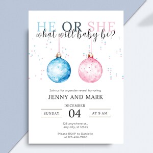 Faire-part de révélation de sexe hiver modifiable, modèle de carte de décorations de Noël, invitation de fête de baby shower, téléchargement numérique imprimable, garçon et fille
