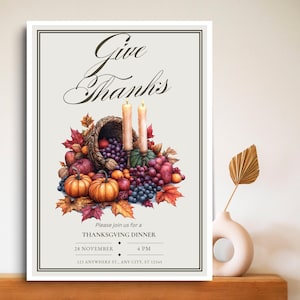 Bearbeitbar Give Danke Einladungsvorlage, Herbst Gouache Füllhorn Design, Printable Thanksgiving Dinner Party einladen, digitaler Download