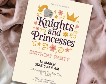 Knights and Princesses Birthday Invitation, Medieval Party Decor, Royal Invite, Editable Template, Instant Download, Fairytale Party Theme