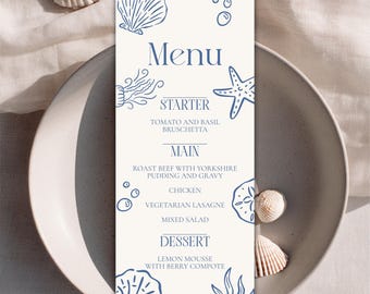 Dinermenu-sjabloon voor zomerbruiloften, menu op maat, uniek bord met strandthema, menu aan zee, handgetekend menu, menusjabloon