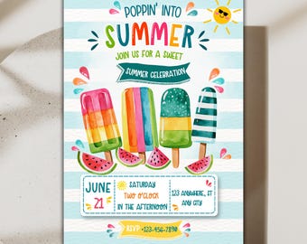 Uitnodiging voor een ijsjesfeest, sjabloon voor een 'Poppin' Into Summer'-uitnodiging, zomerfeest, zwembadfeestthema, kleurrijke kaart, bewerkbaar