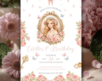 May include: A watercolor invitation for Estelle's 4th birthday, featuring a portrait of a girl in a gold frame surrounded by pink roses and butterflies. The invitation includes the text "Join Us to Celebrate" and event details.
