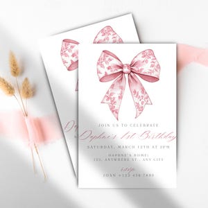 Modelo de convite de 1º aniversário com laço rosa e toile | Download digital | Laço floral rosa coquete | 1º aniversário de menina | Cartão para impressão editável