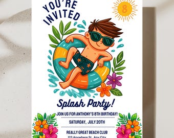 Invitación de fiesta en la piscina para octavo cumpleaños de niño - Invitación a fiesta de chapoteo de verano - Imprimible para cumpleaños de hermano - Plantilla editable para cumpleaños de cualquier edad