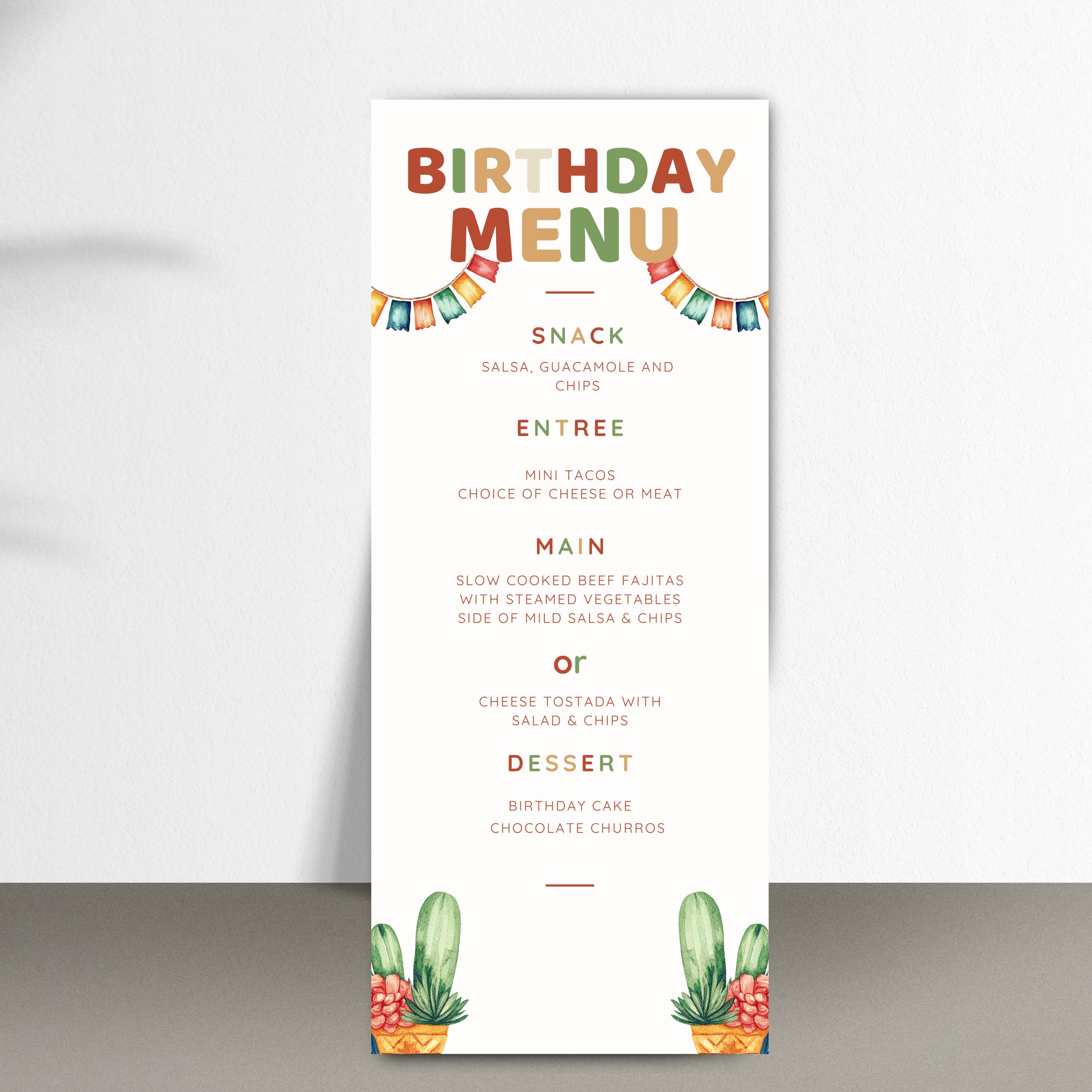 Cute Boho Birthday Menu Template - Instant Download - Editable 4x9 Menu ...