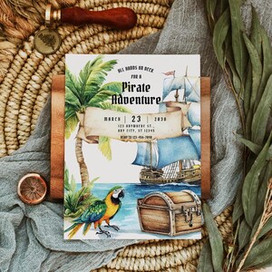 Piraten-Themen-Party Einladung -INSTANT DOWNLOAD- Aquarell Papagei & Piratenschiff, Seeabenteuer einladen, Digitale Vorlage druckbare PDF