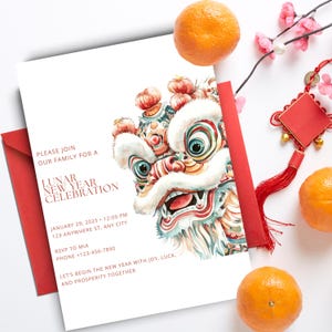 Neujahrs-Löwentanz Einladung |DIGITAL DOWNLOAD| CNY, Jahr der Schlange 2025, bearbeitbare druckbare Weihnachtskartenvorlage, Aquarell