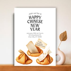 Plantilla de invitación de galleta de la suerte para el Año Nuevo chino 2025/Descarga digital/Tarjeta de festival del Año Nuevo lunar editable e imprimible, decoración oriental